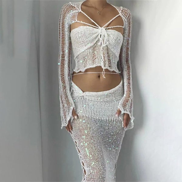 Summer New Women's Beaded Knitted Sweater 4-piece Set Women Cardigan Carousel 2