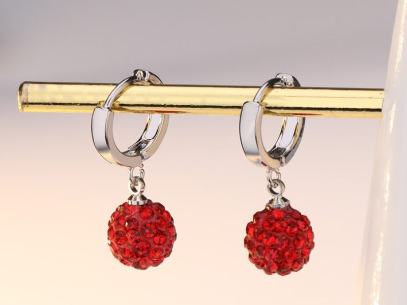 Earrings Red CZ Diamond Round Ball Silver Plated Earrings Drop Carousel 1