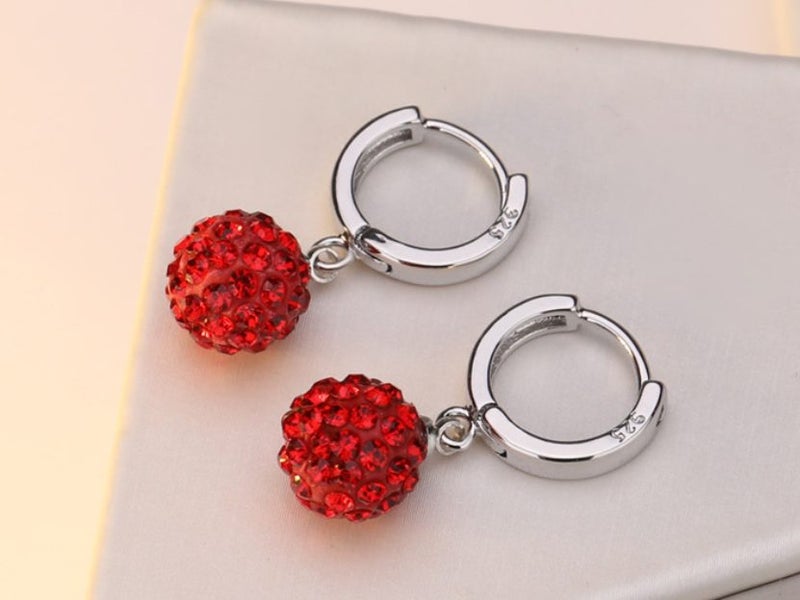 Earrings Red CZ Diamond Round Ball Silver Plated Earrings Drop Carousel 2