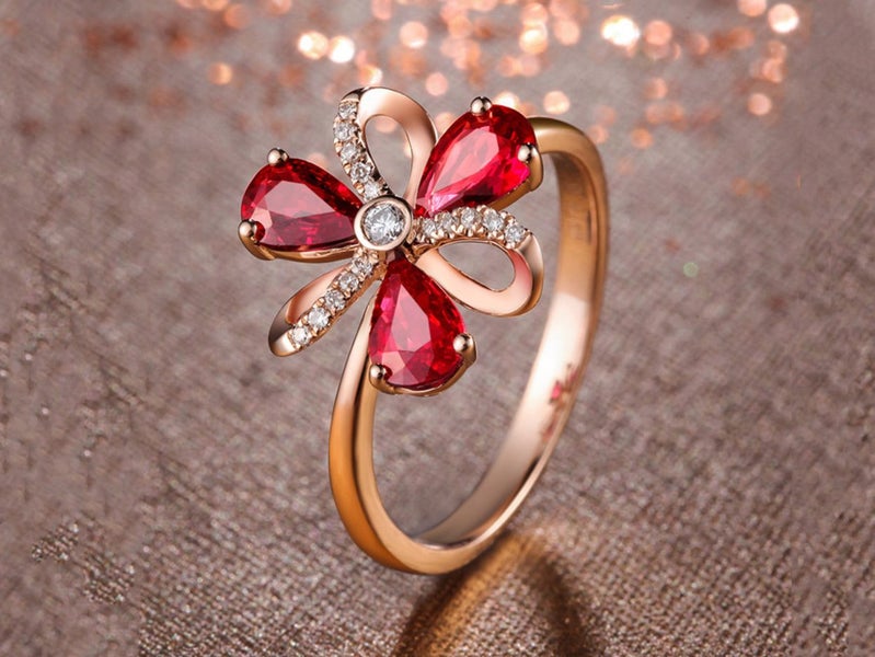 Ring Flower Design Ruby 18K Rose Gold Plated Ring Carousel 2