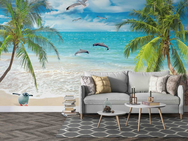 3D Ocean Beach Dolphin Seagull Tree Wall Mural Wall Decor Peel & Stick Wallpaper Carousel 1