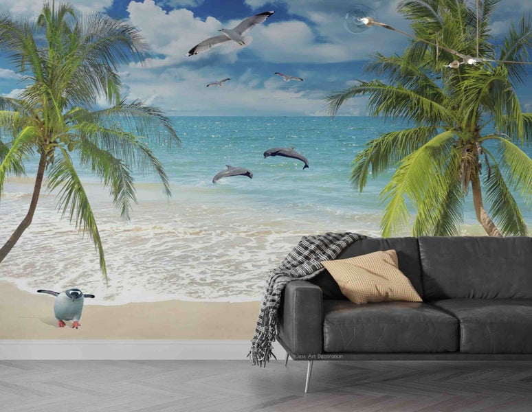 3D Ocean Beach Dolphin Seagull Tree Wall Mural Wall Decor Peel & Stick Wallpaper Carousel 2
