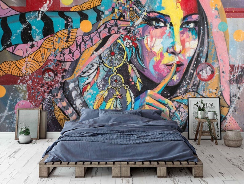 3D Graffiti Indian Woman Portrait Wall Mural Wall Decor Peel & Stick Wallpaper Carousel 1