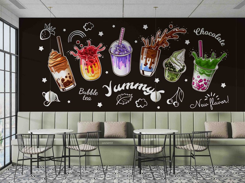 3D Bubble Tea Pearl Tea Milk Tea Wall Mural Wall Decor Peel & Stick Wallpaper Carousel 1