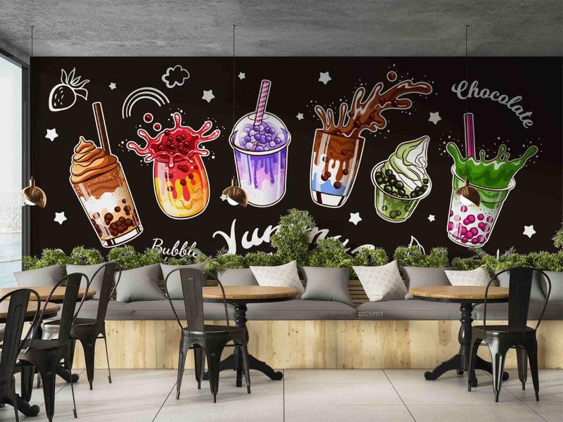3D Bubble Tea Pearl Tea Milk Tea Wall Mural Wall Decor Peel & Stick Wallpaper Carousel 2