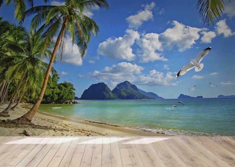 3D Sky Cloud Beach Coconut Tree Wall Mural Wall Decor Peel & Stick Wallpaper Carousel 1