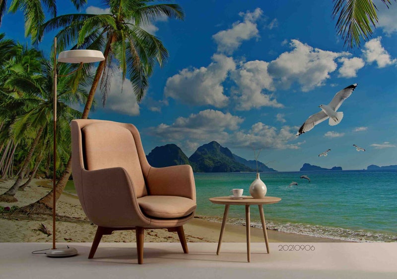 3D Sky Cloud Beach Coconut Tree Wall Mural Wall Decor Peel & Stick Wallpaper Carousel 2