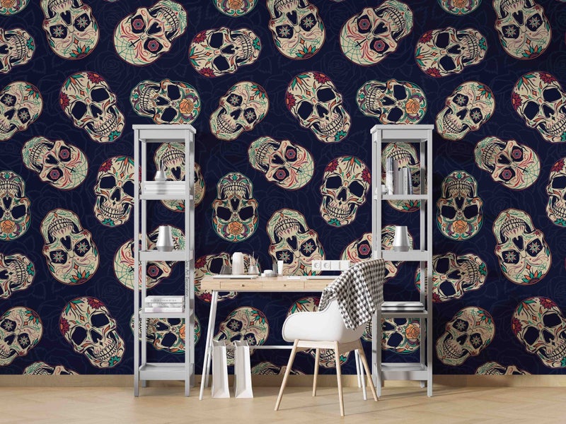 3D Abstract Skull Flowers Black Wall Mural Wall Decor Peel & Stick Wallpaper Carousel 1