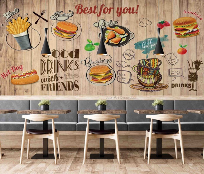 3D Fast Food Plank Pattern Wall Mural Wall Decor Peel & Stick Wallpaper Carousel 1
