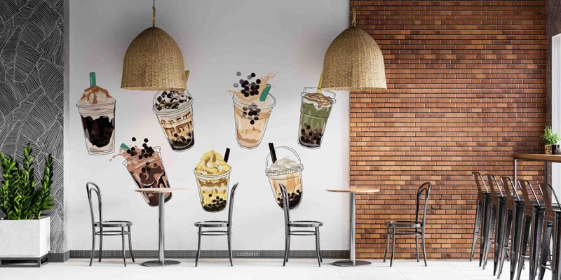 3D Bubble Tea Pearl Tea Milk Tea Wall Mural Wall Decor Peel & Stick Wallpaper Carousel 1