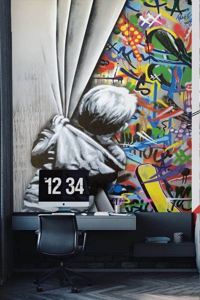 3D Boy Colourful Banksy Mural Wall Mural Wall Decor Peel & Stick Wallpaper Carousel 1
