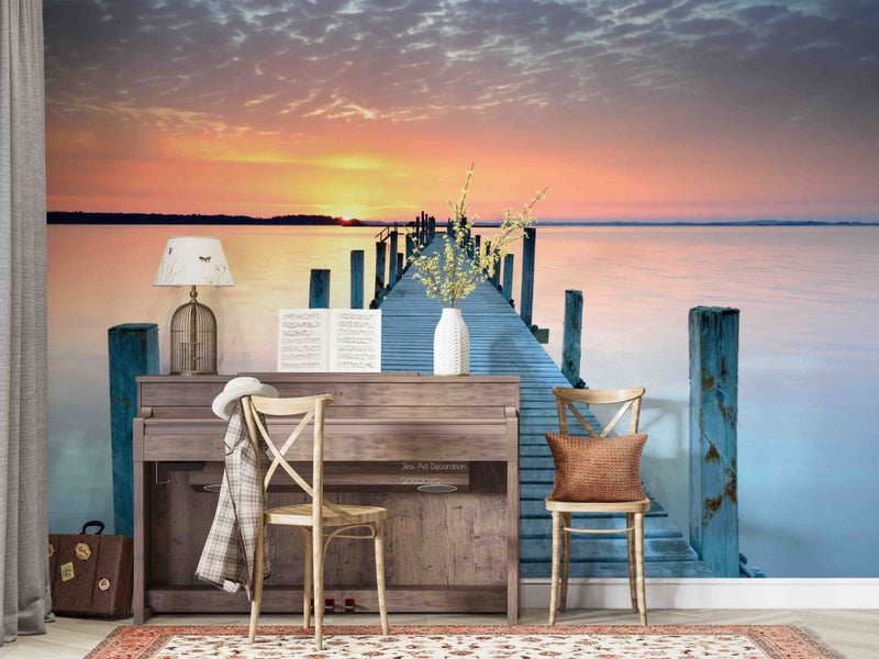 3D Wooden Bridge Sea Sunset Wall Mural Wall Decor Peel & Stick Wallpaper Carousel 1