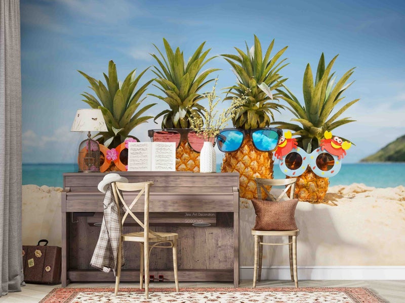 3D Pineapple Wear Glasses Sea Beach Wall Mural Wall Decor Peel & Stick Wallpaper Carousel 1