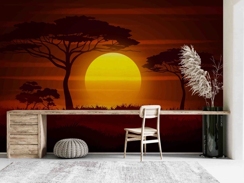 3D Sunset Scenery Tree Grass Wall Mural Wall Decor Peel & Stick Wallpaper Carousel 1