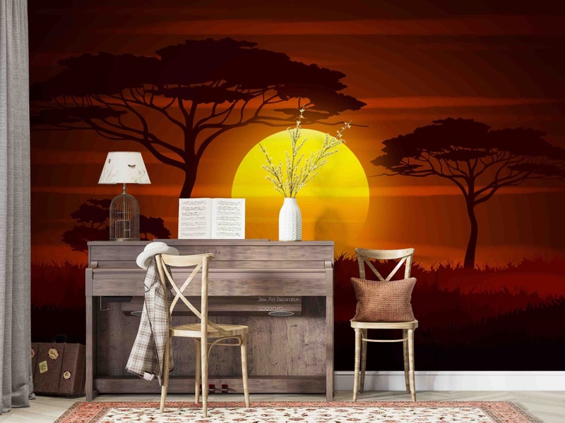 3D Sunset Scenery Tree Grass Wall Mural Wall Decor Peel & Stick Wallpaper Carousel 2