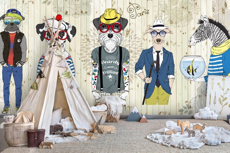 3D Cartoon Animals Dog Cloth Floral Wall Mural Wall Decor Peel & Stick Wallpaper Carousel 2