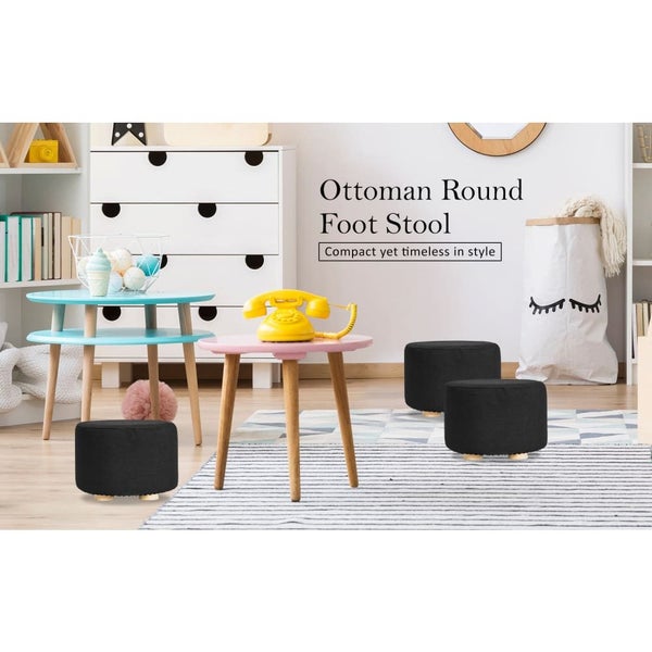 Black Fabric Ottoman Round Wooden Leg Foot Stool Carousel 2
