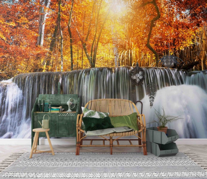 3D Autumn Golden Forest Waterfall Wall Mural Wall Decor Peel & Stick Wallpaper Carousel 1
