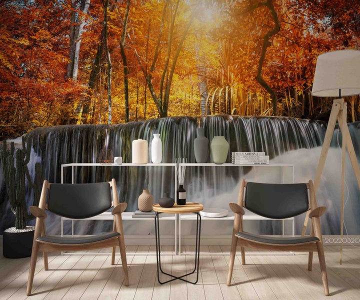 3D Autumn Golden Forest Waterfall Wall Mural Wall Decor Peel & Stick Wallpaper Carousel 2