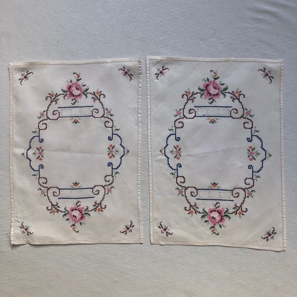 Vintage Hand Embroidered Floral Linen Placemats X2 Cross Stitch Cut Out Carousel 1
