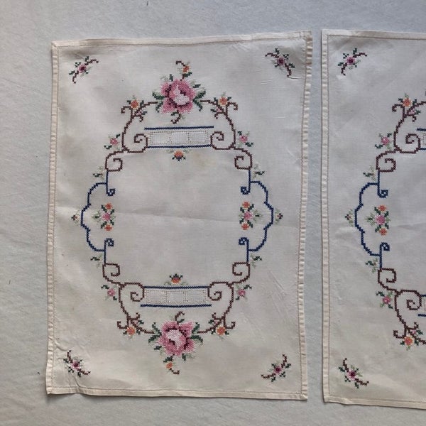 Vintage Hand Embroidered Floral Linen Placemats X2 Cross Stitch Cut Out Carousel 2