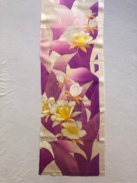 Vintage Japanese Silk Kimono Panel Hand Embroidered Floral Fabric Piece Carousel 1