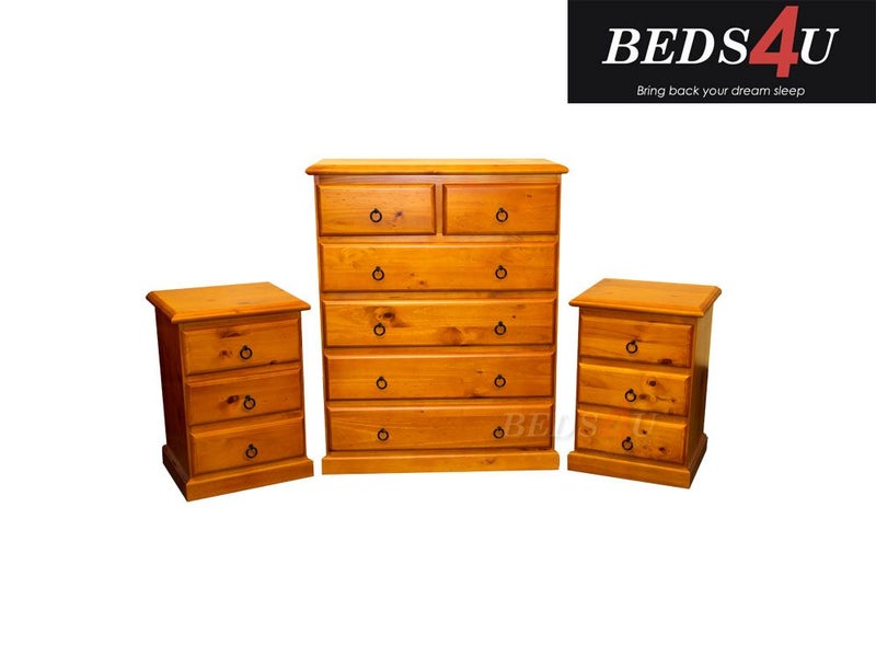 SALE!!!! NZ Pine Tallboy + 2x NZ Pine Bedsides (Solid NZ Pine) Carousel 1