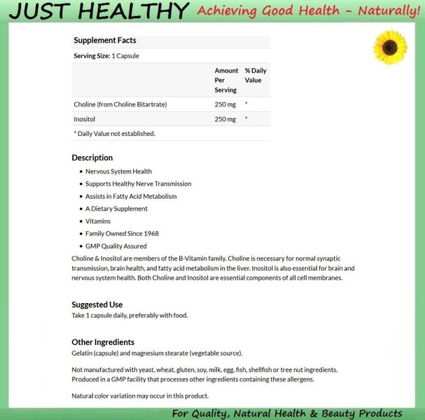 CHOLINE & INOSITOL 500 MG 100 CAPS - NERVOUS SYSTEM HEALTH Carousel 2