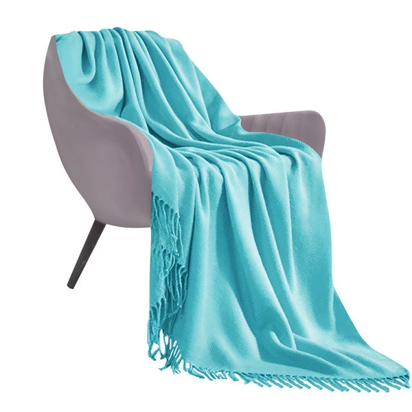 SOGA Teal Acrylic Knitted Throw Blanket Solid Fringed Warm Cozy Woven Cover C... Carousel 1