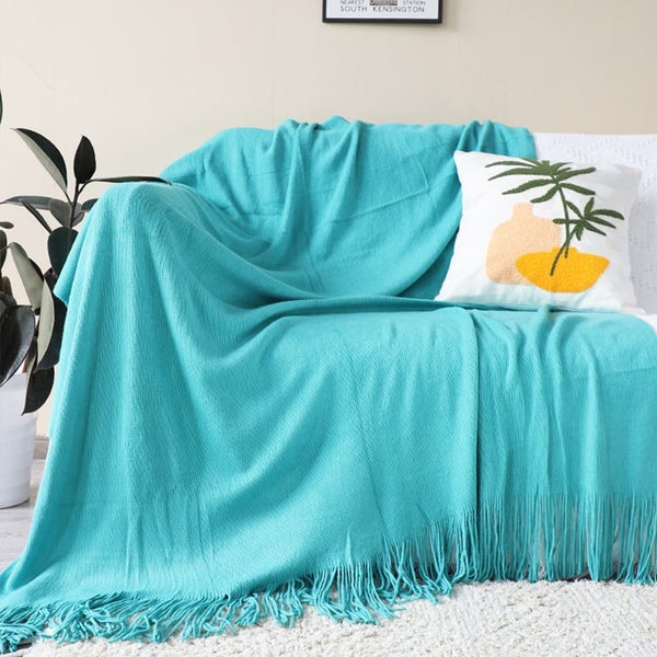SOGA Teal Acrylic Knitted Throw Blanket Solid Fringed Warm Cozy Woven Cover C... Carousel 2