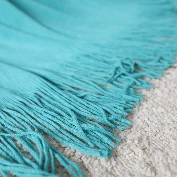 SOGA Teal Acrylic Knitted Throw Blanket Solid Fringed Warm Cozy Woven Cover C... Carousel 8