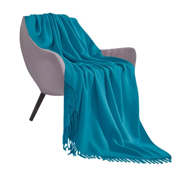 SOGA Blue Acrylic Knitted Throw Blanket Solid Fringed Warm Cozy Woven Cover C... Carousel 1