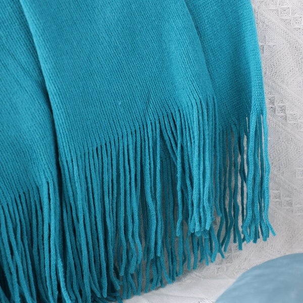 SOGA Blue Acrylic Knitted Throw Blanket Solid Fringed Warm Cozy Woven Cover C... Carousel 10