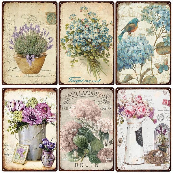 Flowers Metal Tin Sign Retro Plates Rose Peony Lavender Art Plaque Carousel 2