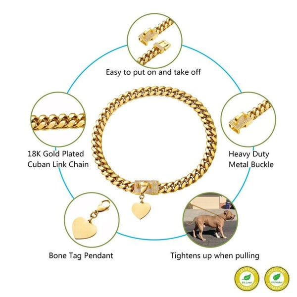 Strong 18k Gold Metal Cubic Zirconia Secure Buckle Chain Collar for Small Med... Carousel 2