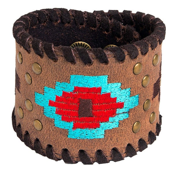 Aztec Bracelet Genuine Leather Navajo-Inspired Stitching And Antique Brass Studs Carousel 1