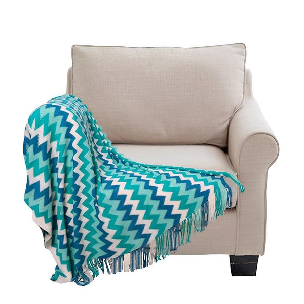 SOGA 220cm Blue Zigzag Striped Throw Blanket Acrylic Wave Knitted Fringed Wov... Carousel 1