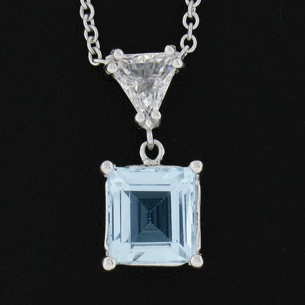 14k White Gold 1.86ctw Square Cut Aquamarine and Diamonds Pendant Necklace Carousel 1