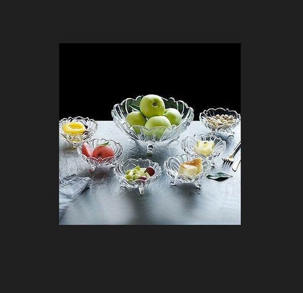 Green Apple Crystal Clear Glass Three Legged Fruit Bowl Set (7pcs) Carousel 1