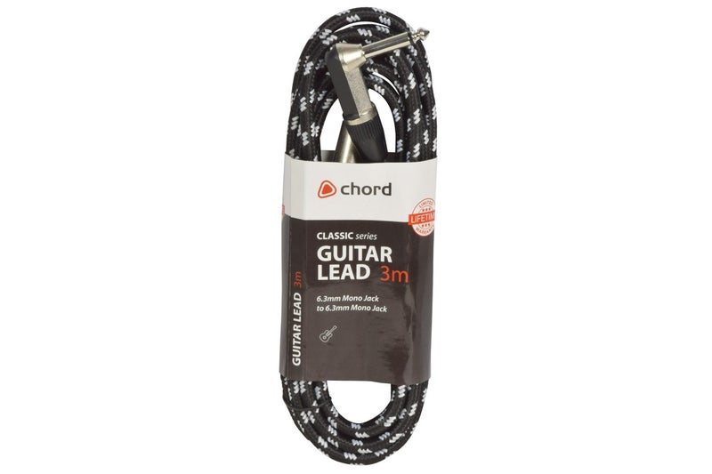 Braided Right Angled Guitar Lead Black/White 3M Carousel 3
