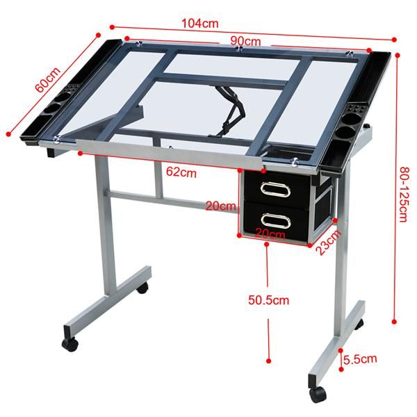Adjustable Drafting Drawing Craft Table Art Glass Desk w/Storage Drawers Carousel 2