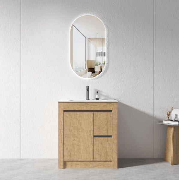 750mm Plywood Floor Standing Vanilty Light Wood with Ceramic Basin Top Carousel 1