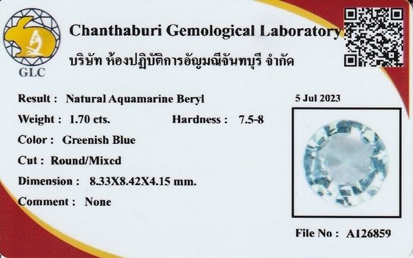 1.70CT CERTIFIED UNTREATED ROUND 100% NATURAL GREENISH BLUE AQUAMARINE Carousel 3