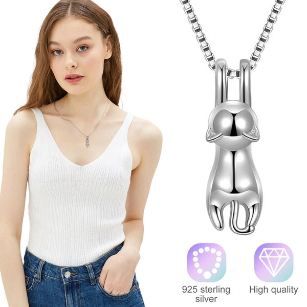 Women Chain 925 Sterling Silver Love Cute Cat Kitty Pendant Necklace Gift Box Carousel 1