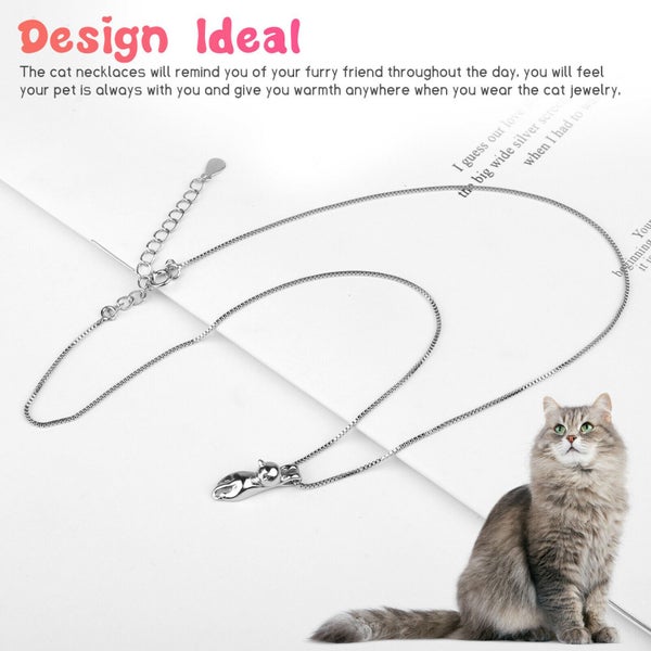 Women Chain 925 Sterling Silver Love Cute Cat Kitty Pendant Necklace Gift Box Carousel 2