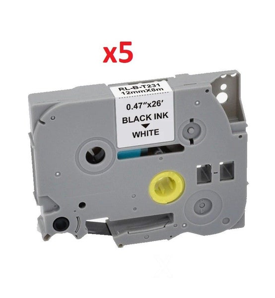 Brother P-Touch Compatible Label Tape TZe231 TZe-231 Black on Wte 12mm*8m 5pcs Carousel 1