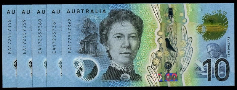 Australia - 2017 - $10 - 5 Consecutive - EA17 2557358-62 Final Prefix - Unc Carousel 1
