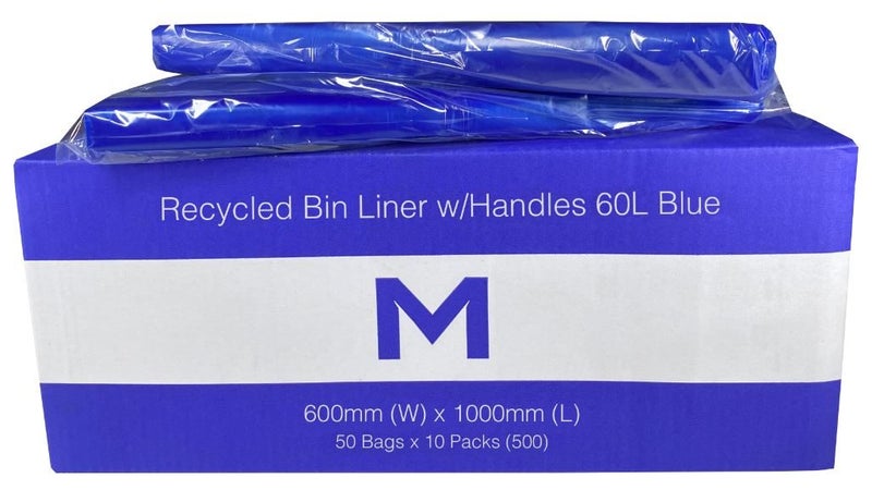 60L Blue Recycled Bin Liners with Handles x 500's pack (600mm x 1000mm x 30mu) Carousel 1