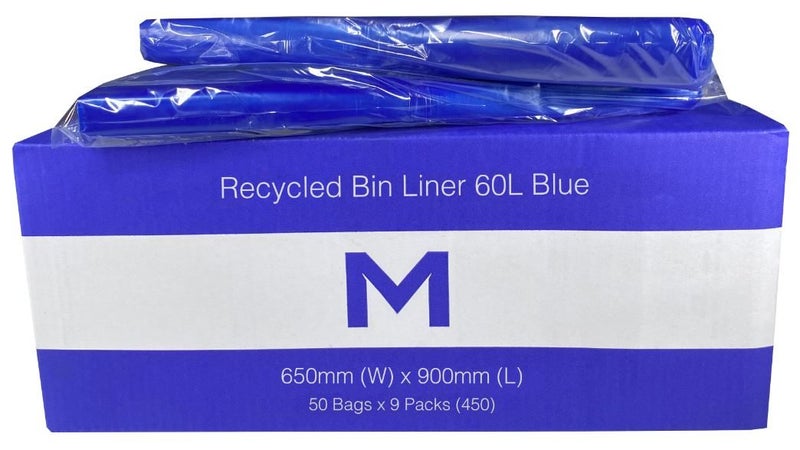 60L Blue Recycled Bin Liners x 450's pack (650mm x 900mm x 30mu) Carousel 1