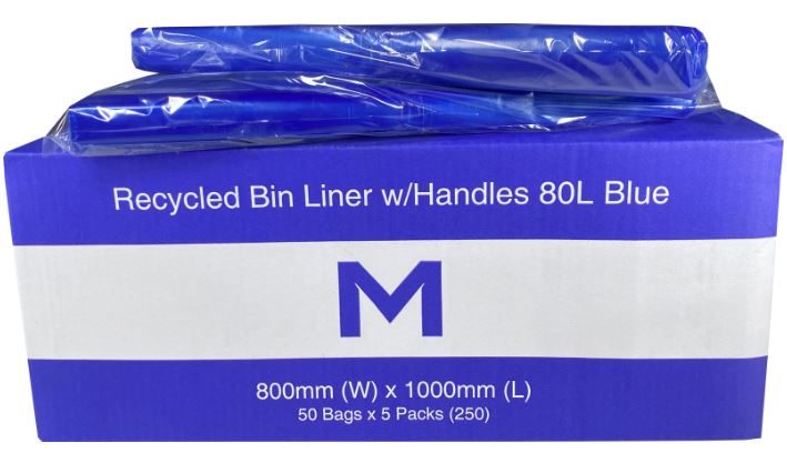 80L Blue Recycled Bin Liners With Handles x 250's pack (800mm x 1000mm x 40mu) Carousel 1